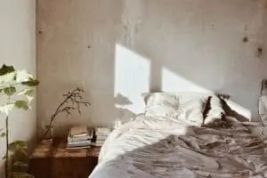 A wrinkled bed in an old room with bedside table and plants