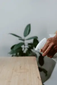 A close-up of a hand spraying chemicals on a wooden table.